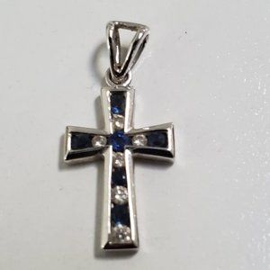 14k White Gold Cross with Blue Sapphire and Diamond stones